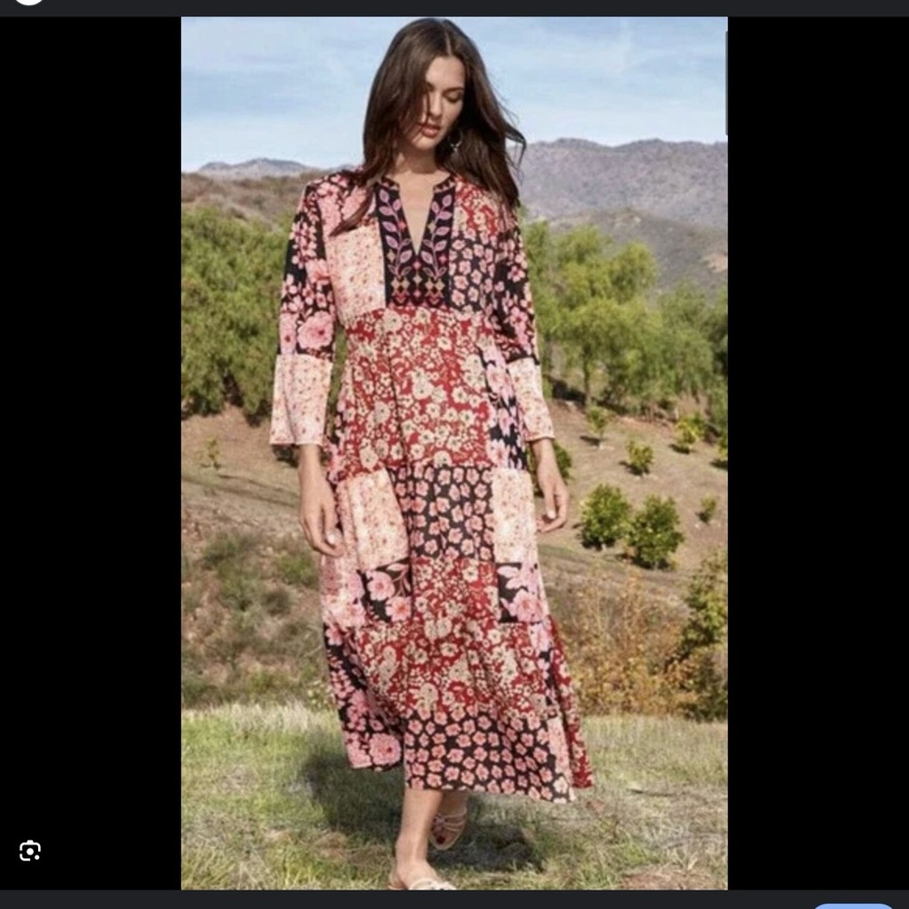 JOHNNY WAS Flora Patchwork Floral Print Split V-Neck Dress Size XL